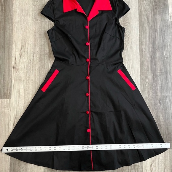 Retro Rockabilly Swing Dress Black Red Trim Pockets 50s Size Large 8-10 - Picture 9 of 10